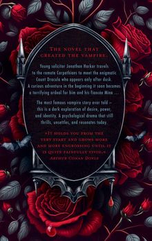 Text in roter und blauer Schrift über eine dunkle Hintergrund mit Rosen und Fledermäusen. Gothic-Stil.