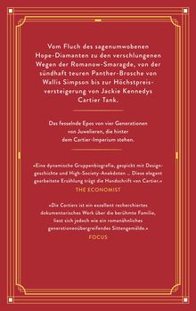Text über legendäre Schmuckstücke; Zitate von The Economist und Focus. Hintergrund rot, goldene grafische Rahmen.