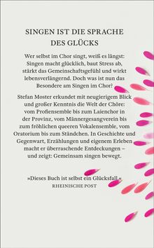 Text über das Glück des Singens im Chor. Rechts blumenartige, pinke Farbakzente. Zitat von Rheinische Post.