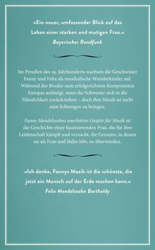 "Ein neuer, umfassender Blick auf das Leben einer starken und mutigen Frau." Text beschreibt Fanny Mendelssohns Leben.