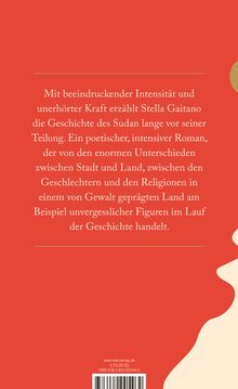 Text über einen Roman von Stella Gaitano, der die Geschichte des Sudan vor der Teilung erzählt. Hintergrund in Rot.