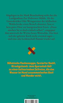 Text über ein abgelegenes Landgasthaus und einen Koch, Beschreibung kulinarischer Erlebnisse. Logo mit gekreuzten Formen.