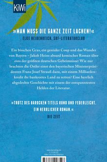 Zitat von Elke Heidenreich: „Man muss die ganze Zeit lachen!“ Blauer Hintergrund, KiWi-Logo und Hanfblatt.