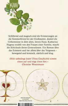 Text über Erinnerungen an Sommerferien, Geheimnisse im Haus, Frauen einer Familie. Empfehlung von Christine Westermann. Illustration mit Blättern und Blumen.