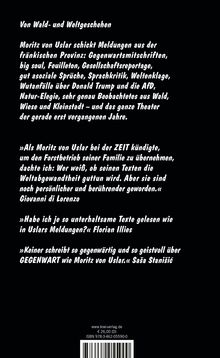 Rückseite eines Buches mit Zitaten über Moritz von Uslars Texte. Sein Werk thematisiert zeitgenössische Ereignisse.