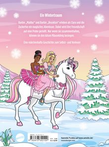 Zwei Mädchen in rosa Kleidern auf einem weißen Pferd, umgeben von Schnee, Bäumen und einem rosa Himmel.