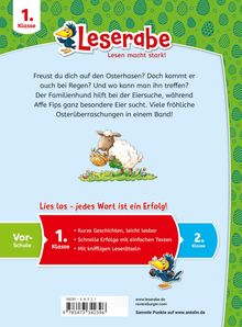 Leserabe: Lies los – jedes Wort ist ein Erfolg! Illustration: Schaf mit Osternest, grüner Hintergrund mit Eiern.