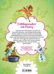 „Frühlingszauber mit Disney“ steht oben. Darunter ein Text über Frühlingsgeschichten mit Disney-Charakteren. Verspielte Illustrationen: Bambi, Olaf und Tiana umrahmen den Text.
