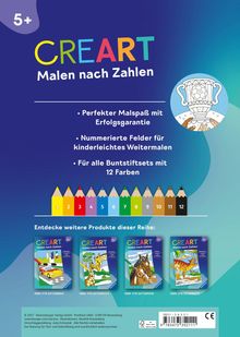 5+ CREAT ART Malen nach Zahlen. Perfekter Malspaß mit Erfolgsgarantie. Buntstiftabbildung mit 12 Farben darunter.