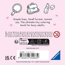 "Simple lines. Small format. Instant joy. The ultimate tiny coloring book for busy adults." Illustrationen von Schmuck und Kosmetik.