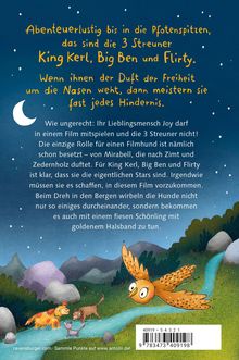 Text über drei abenteuerlustige Streuner namens King Kerl, Big Ben und Flirty. Eine Illustration zeigt eine Eule und Waldtiere.