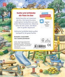 "Suche und entdecke die Tiere im Zoo" steht oben. Illustration mit Tieren im Zoo, Spielplatz, Bäumen und Katzen auf einem Ast.