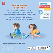 "Bist du wütend oder froh?" Zwei Kinder sitzen am Boden, ein Junge in blauer Jacke und ein Mädchen in orangem Pullover.