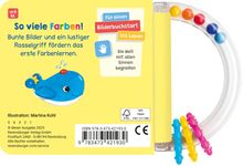 "So viele Farben! Bunte Bilder und ein lustiger Rasselgriff fördern das erste Farbenlernen." Ein blauer Wal lächelt.
