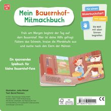 „Mein Bauernhof-Mitmachbuch“; „Für einen Bilderbuchstart ins Leben“; Illustration zeigt ein Kind mit Tieren im Stall.