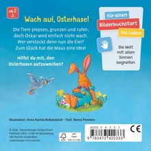 "Wach auf, Osterhase! Hilfst du mit, den Osterhasen aufzuwecken?" Illustration eines schlafenden Hasen mit Vogel.