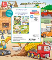 1+ Jahre, Sprechen lernen mit Wimmelbildern. Bücherbeispiele. Baustelle mit Bauarbeitern, Fahrzeugen, Kränen, Baggern.