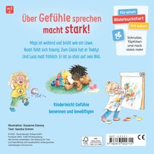 "Über Gefühle sprechen macht stark! Kinderleicht Gefühle benennen und bewältigen."  
Drei Kinder zeigen verschiedene Emotionen.