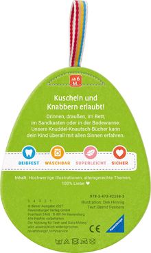 "Kuscheln und Knabbern erlaubt! Beißfest, waschbar, superleicht, sicher. Illustration: Dirk Hennig, Text: Bernd Penners."