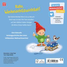"Hallo, Weihnachtswichtel!" Ein kleiner Wichtel hält eine Laterne, steht neben einem Vogel und einem Schlitten.