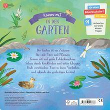 "Komm mit in den Garten" steht oben. Darunter: Einladung zu Entdeckungen im Garten. Illustrationen von Tieren und Pflanzen.