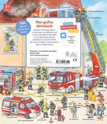 „Mein großes Wörterbuch“ für Kinder ab 3 Jahre. Feuerwehrszene mit Fahrzeugen, Ausrüstung und Feuerwehrleuten im Einsatz.