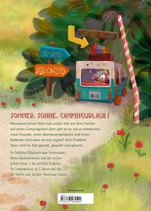 SOMMER, SONNE, CAMPINGURLAUB! Mäusekind Emmi fährt zum ersten Mal auf einen Campingplatz. Illustration zeigt Camper und Schilder.