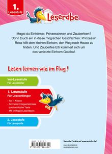 "1. Lesestufe" zeigt ein fröhlicher Vogel, eine Empfehlung für Leseanfänger mit Einhörnern, Prinzessinnen und Zauberfeen.