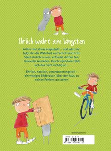 "Ehrlich währt am längsten. Arthur hat etwas angestellt. Bild eines Jungen mit Fahrrad und Puppe auf grünem Hintergrund."