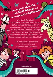 Drei magische Wünsche, zwei beste Freunde und ein unvergessliches Abenteuer. Illustration: Menschen, Tiere, Zauberstab.