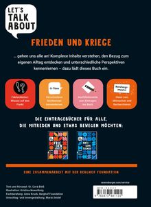 "Let’s Talk About Frieden und Kriege" in Orange, Infos über Inhalte und Mitmachen; zwei bunte Buchcover unten.