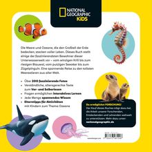 National Geographic Kids Logo oben rechts, daneben Text über Meereslebewesen. Bilder von Clownfisch, Seepferdchen, Seelöwe.