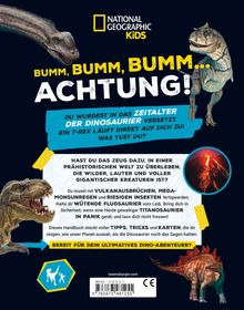 "National Geographic Kids", "Bumm, bumm, bumm... Achtung!", Dinosaurier und Vulkanillustrationen überall verteilt.