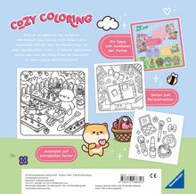 Texte: "Cozy Coloring", "Mit Tipps zum Ausmalen der Motive", "Seiten zum Heraustrennen".

Zeigt Ausmalbilder mit niedlichen Szenen.