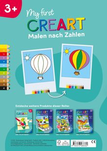"3+ My first CREART Malen nach Zahlen. Entdecke weitere Produkte dieser Reihe." Zwei Heißluftballon-Gemälde. Farbliste links.