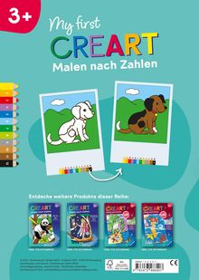 "My first CREART Malen nach Zahlen", mit Illustrationen von Hunden in zwei Bildern, Farbpalette links, weitere Bücher unten.