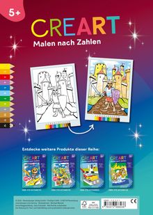 "CREART Malen nach Zahlen. Ab 5+." Bunte Zahlenstifte, zwei Bilder: Rittertier vor Burg, eines koloriert, eines zum Ausmalen.