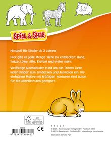 Text: "Spiel & Spaß. Malspaß für Kinder ab 2 Jahren." Drei Tierillustrationen: Elefant, Zebra, Hamster oben; Hase unten.