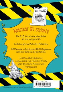 "WUSSTEST DU SCHON? Die CIA hat eine Katze als Spion eingesetzt." Illustration: Roboter-Polizei, gelb-schwarze Streifen.