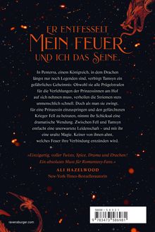 Text: "Er entfesselt mein Feuer und ich das seine." Illustration: Roter Drache auf dunklem Hintergrund mit glühenden Funken.
