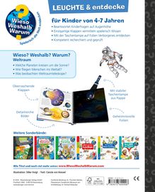 "Wieso? Weshalb? Warum? Weltraum. LEUCHTE & entdecke. für Kinder von 4-7 Jahren." Illustration mit Astronaut und Buch.