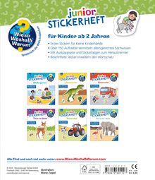 „Wieso Weshalb Warum“ Logo, „junior STICKERHEFT“, „für Kinder ab 2 Jahren“. Abgebildet sind sechs bunte Stickerhefte.