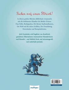 „Sieben auf einen Streich!“. Beschreibung und Auflistung von Märchen der Brüder Grimm. Illustration der Bremer Stadtmusikanten.