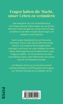 "Fragen haben die Macht, unser Leben zu verändern." Text über Bedeutung von Fragen. Grüner Hintergrund, Barcode unten.