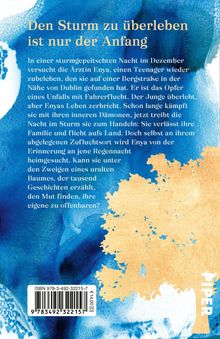 Text: „Den Sturm zu überleben ist nur der Anfang...“ Hintergrund: Blaue und gelbe Aquarell-Illustration mit einem stilisierten Baum.