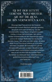 Ein schmuckvolles Design mit einem Text über eine Hexe und einen Wolfsreiter, verfasst in einer stimmungsvollen Schrift.