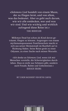 Zitat von Toni Morrison über "Solomons Lied" und ein weiteres von Barack Obama. Erwähnung eines Nachworts von Mithu Sanyal.