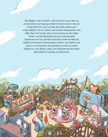 Text über eine spannende Fahrt und verschiedene Gefühle. Bunte Illustration: Vergnügungspark mit Achterbahn und Fahrgeschäften.