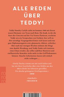 "ALLE REDEN ÜBER TEDDY!" Roter Hintergrund, weiße und schwarze Schrift, Text zu einer Frau, die nach Rom zieht. Rezensionen unten.
