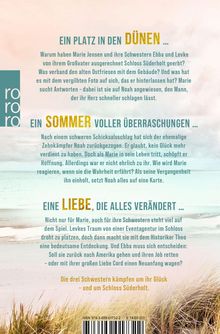 Text über drei Schwestern, die um ihr Glück und Schloss Süderholt kämpfen. Hintergrund zeigt Dünen und Meer. Links ist ein Logo.